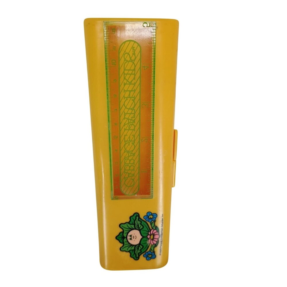 Cabbage Patch Kids 1984 Yellow Plastic Pencil Box With Ruler Made In Taiwan